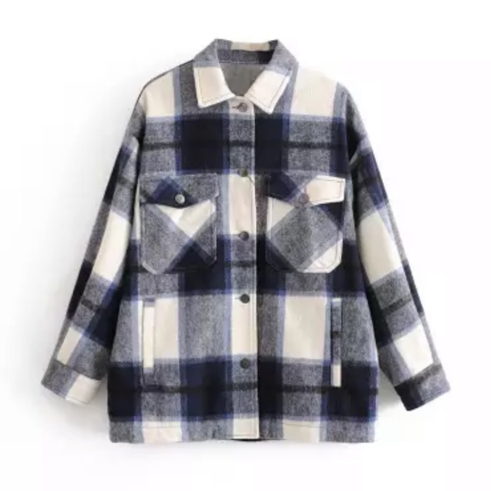 SOLD OUT Royal Plaid Oversized Flannel Shacket Shirt Jacket - Picture 4 of 4